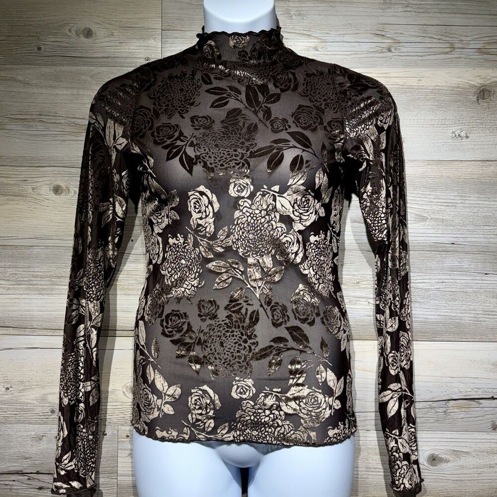 Velvet Burnout Long Sleeve Top Chocolate Brown Size Medium Sheer Mesh Floral